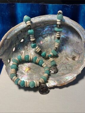 Handmade Turquoise & Cream Beaded Jewelry Set with Silver Sand Dollar Charms
